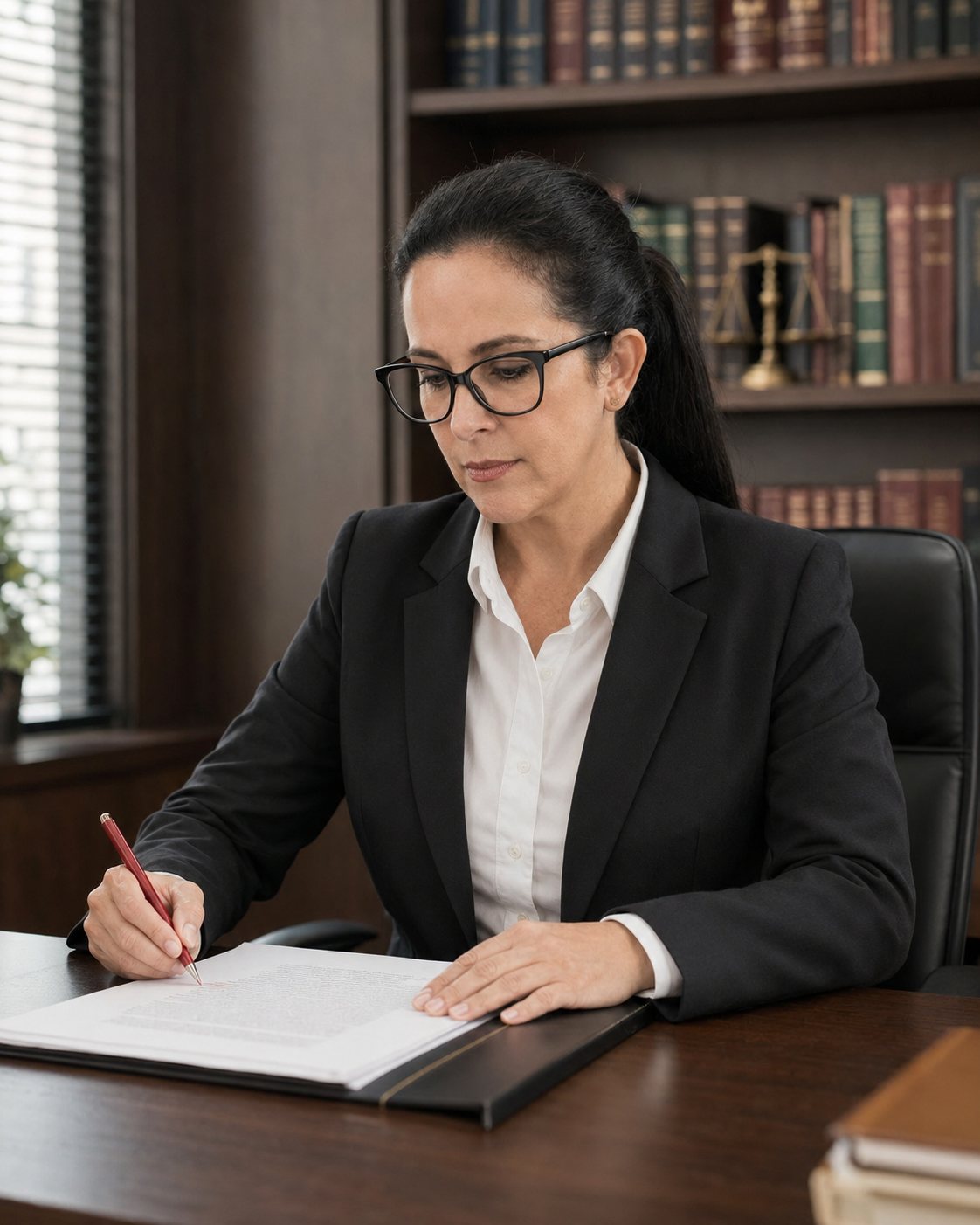 Katiusce Nogueira analisando um documento e sublinhando uma linha com caneta vermelha